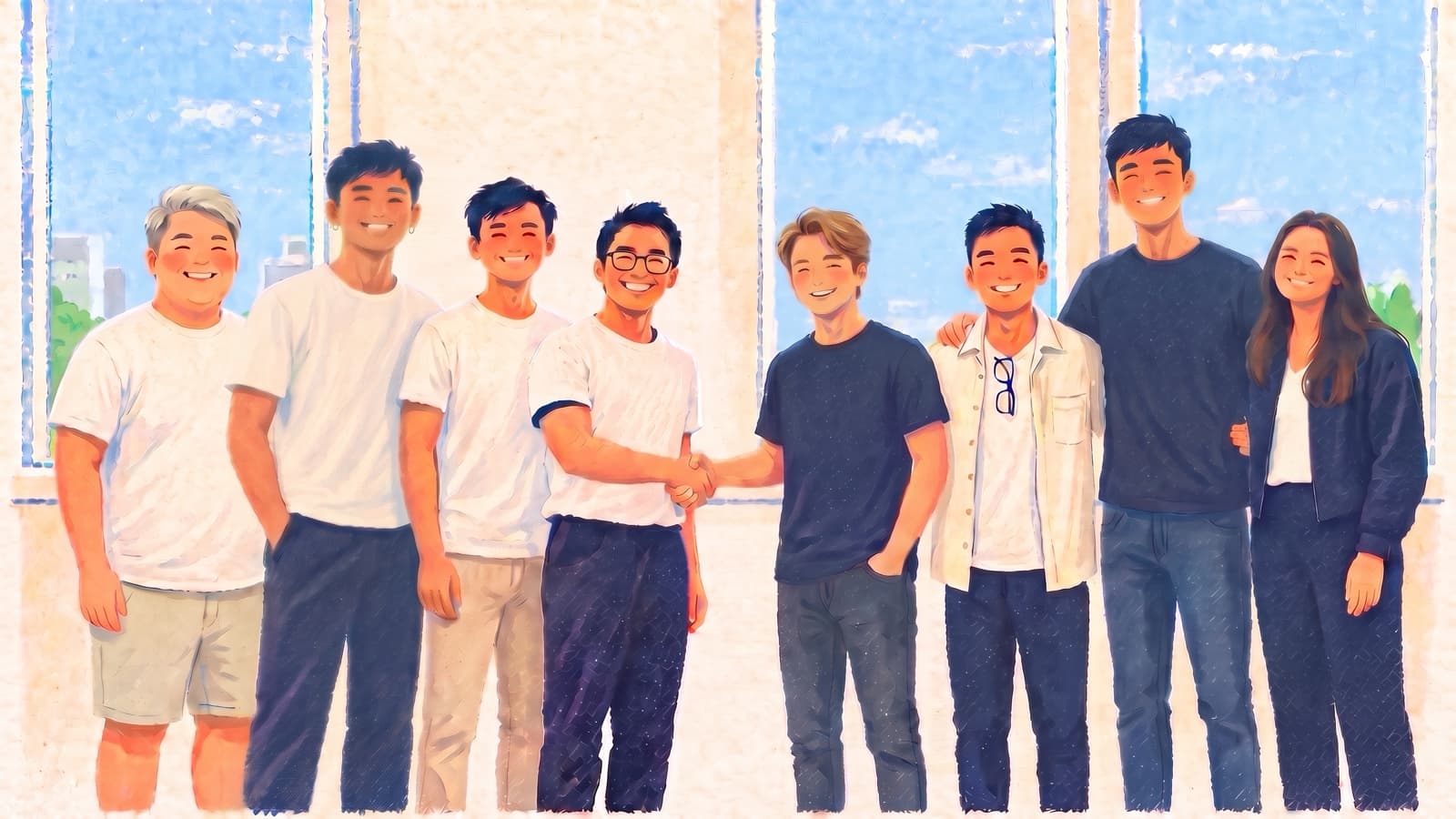 An illustration of the NEX team: eight people standing in a row, the two in the middle shaking hands, with wildflowers in front of them.